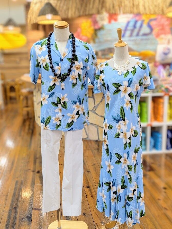 Two Palms 】ハワイアンロングドレス [プルメリア/ライトブルー