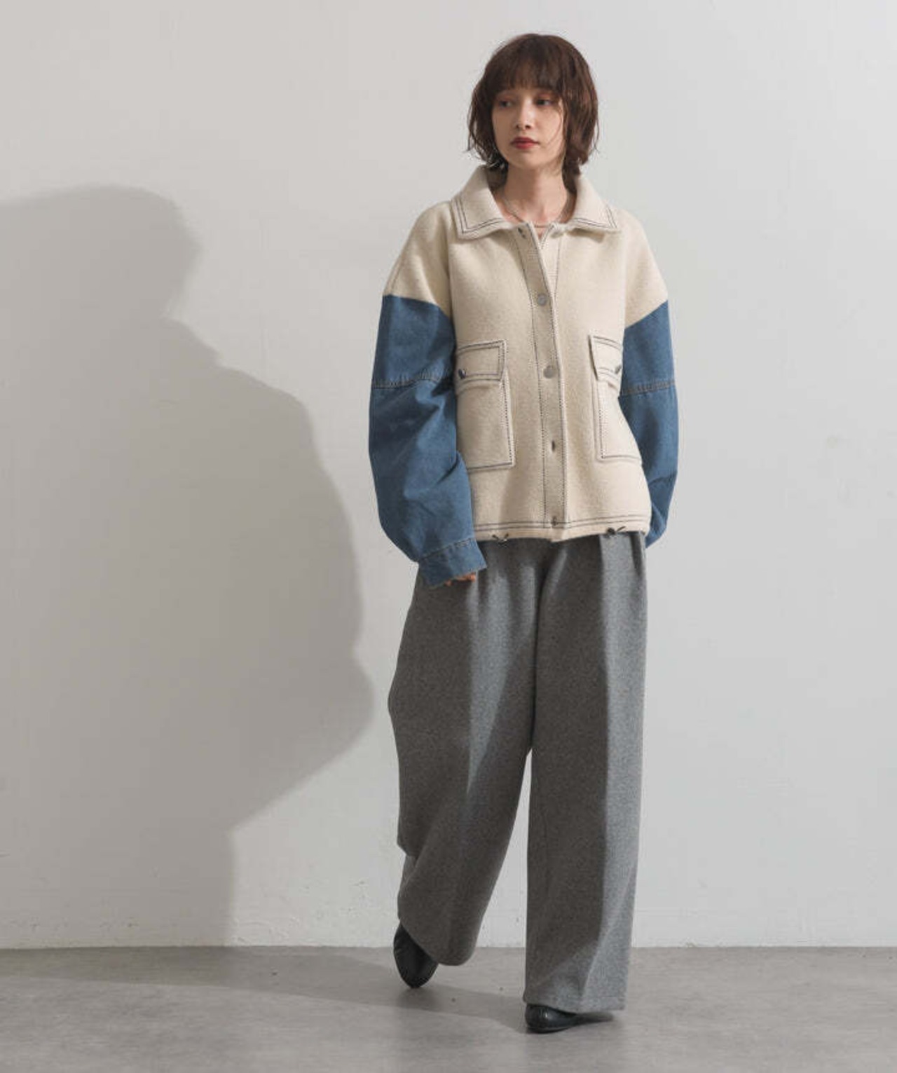 HD2510025 配色ステッチニットジャケットカーディガン ivory