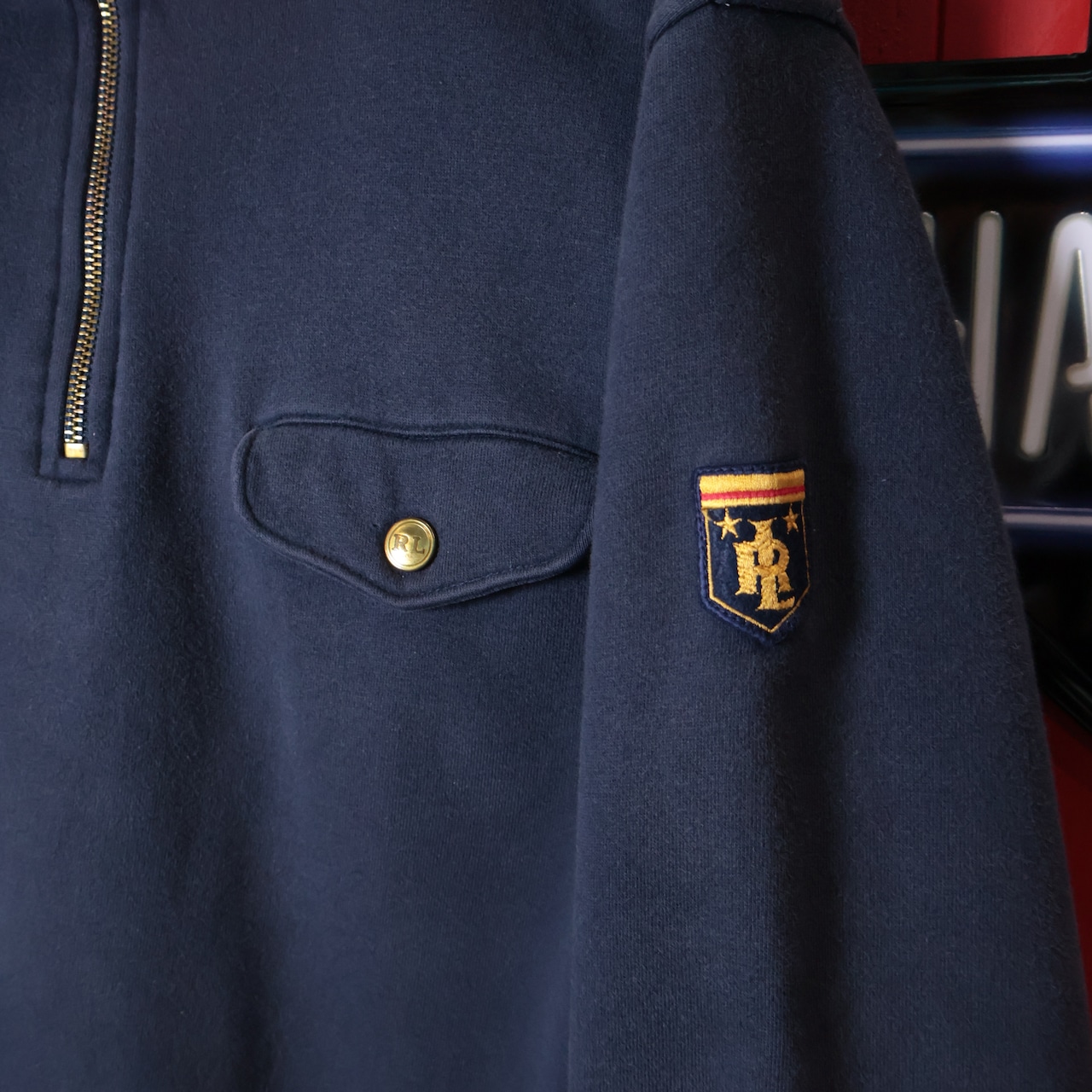 90s POLO RALPH LAUREN ハーフジップスウェット 赤×ネイビー エポレット 金ボタン