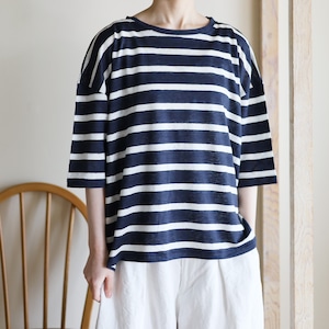 Vlas Blomme - Linen 天竺ボーダー 六分袖ワイドTシャツ - Narrow Border / Wide Border