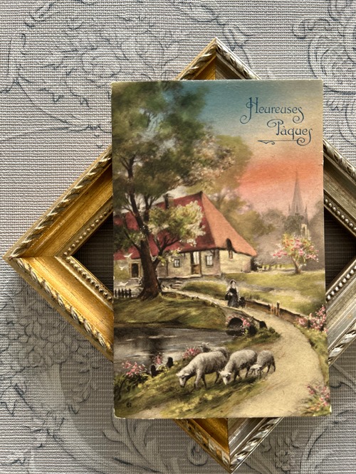 アンティークポストカード Heureuses Paques イースター 農村 羊 風景 フランス 額装 インテリア コレクション BE