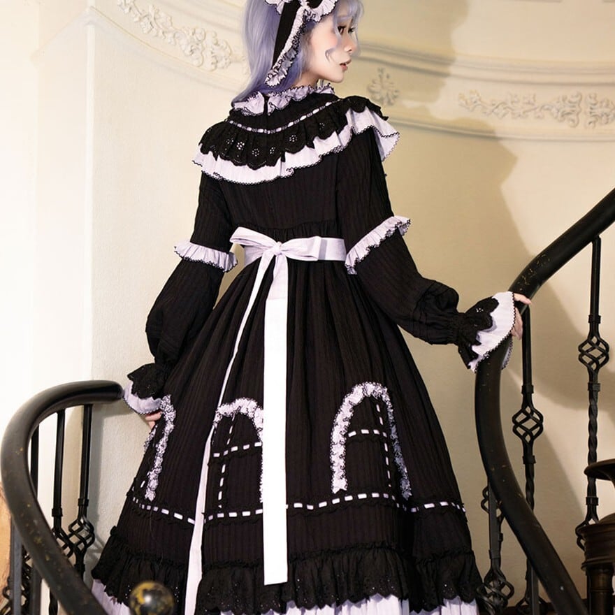 ゴスロリ ワンピース レース×姫系クラシック ブラック×ラベンダー