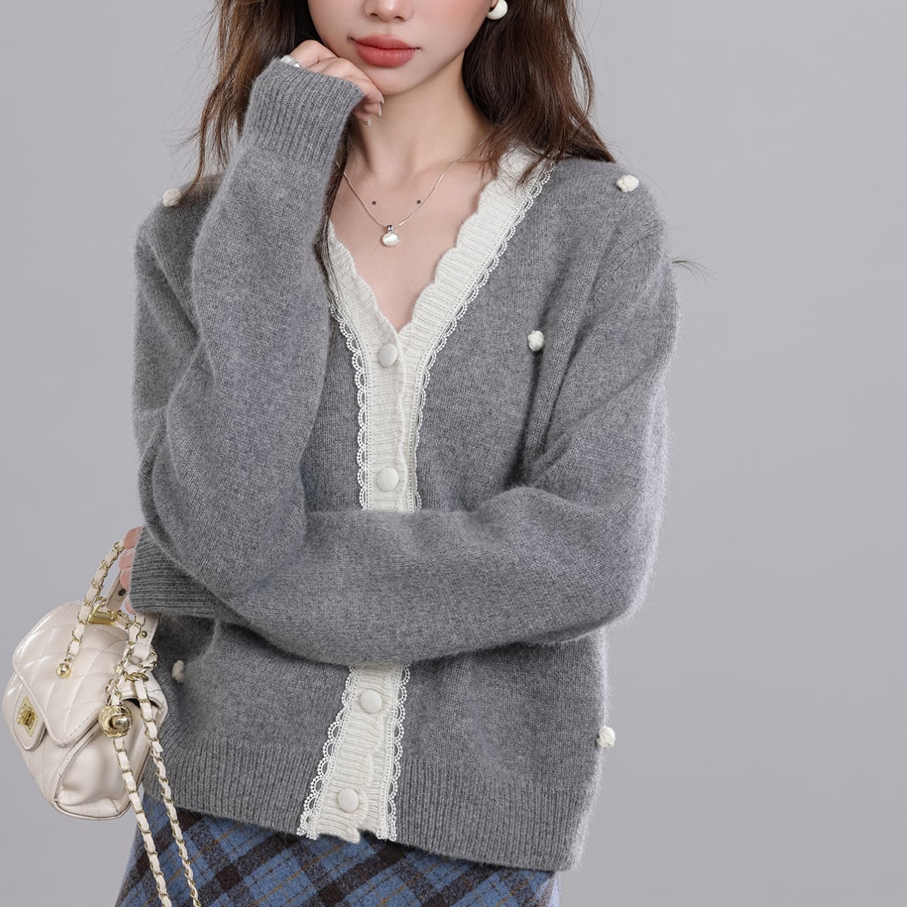 グレー レース ニット カーディガン