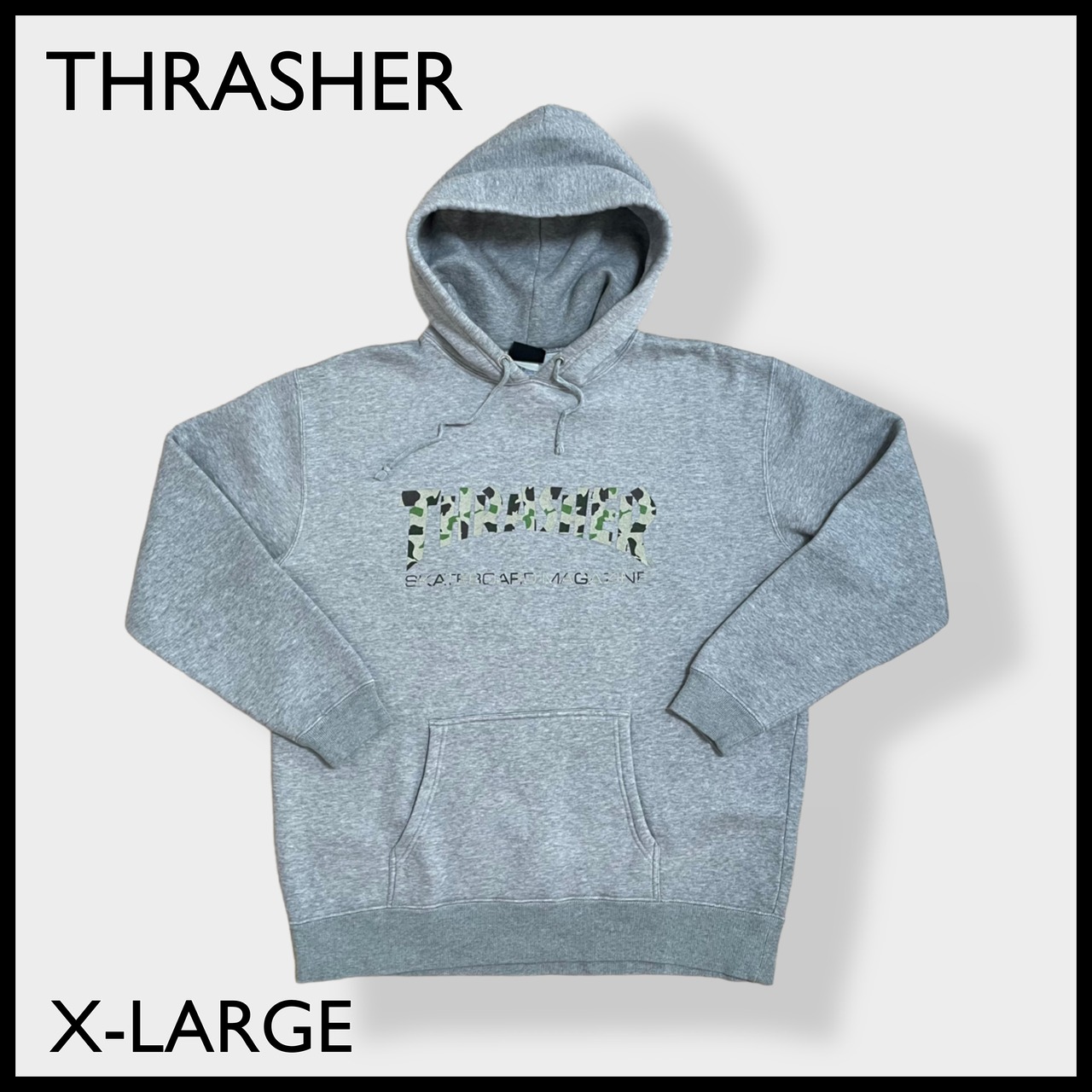 【THRASHER】迷彩ロゴ カモロゴ カモフラ 肉厚 パーカー スウェット フーディー プルオーバー  X-LARGE ビッグシルエット スラッシャー スケーター ボード スケボー US古着
