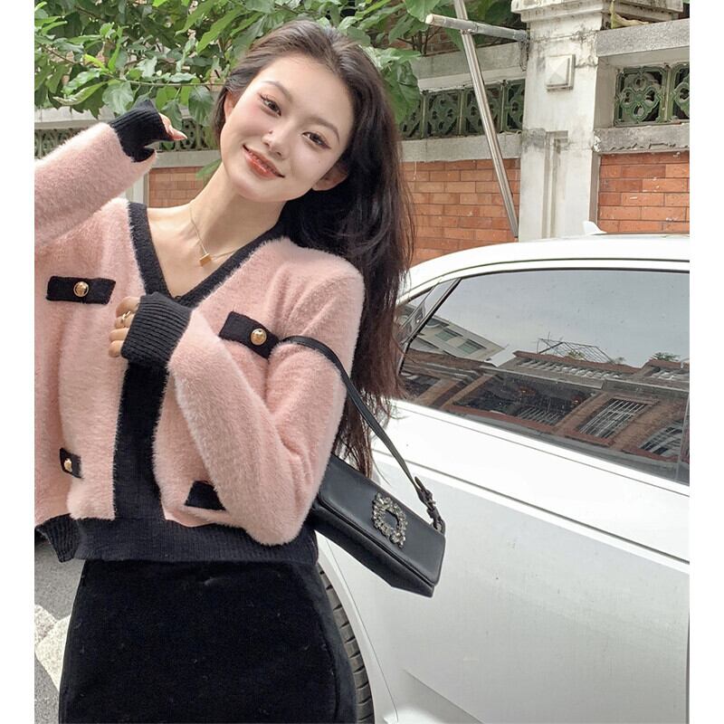 カラーVネックニットセーター オータムウィンタースタイルルーズショートシャツ ロング 大人ガーリー スウィート キュート カジュアル 秋物 冬物 ガールズファッション84296290036