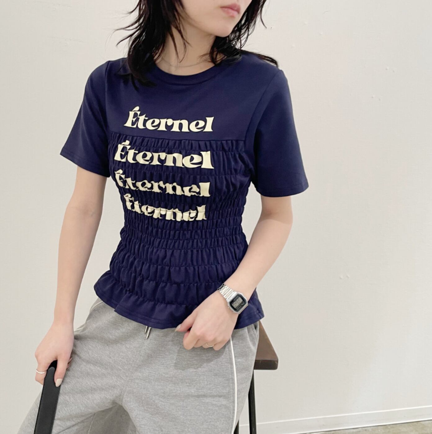 ナンバーミーTOKYO" SHIRRING LOGO TEE"NAVY