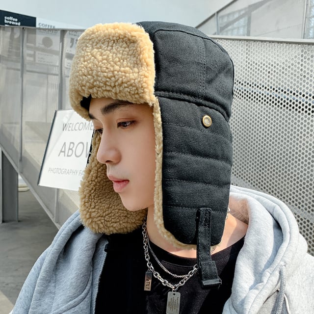 【予約販売】パイロット帽子 メンズ ロシア帽 厚手 イヤーウォーマー 耳当て ブラック/ベージュ/カーキ/ネイビー 裏起毛 耳当て付き ボア 保温 防寒 防風 暖かい もこもこ ふわふわ アウトドア お洒落 韓国 トレンド