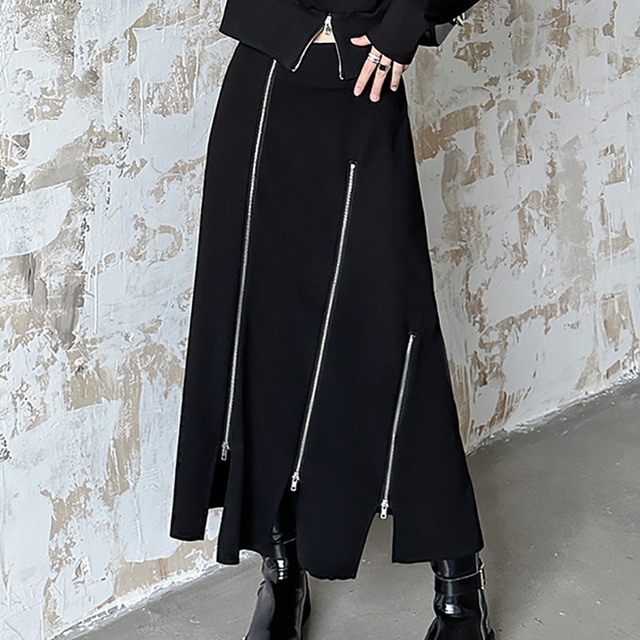 フロントスリットダブルジップAラインロングスカートR1194