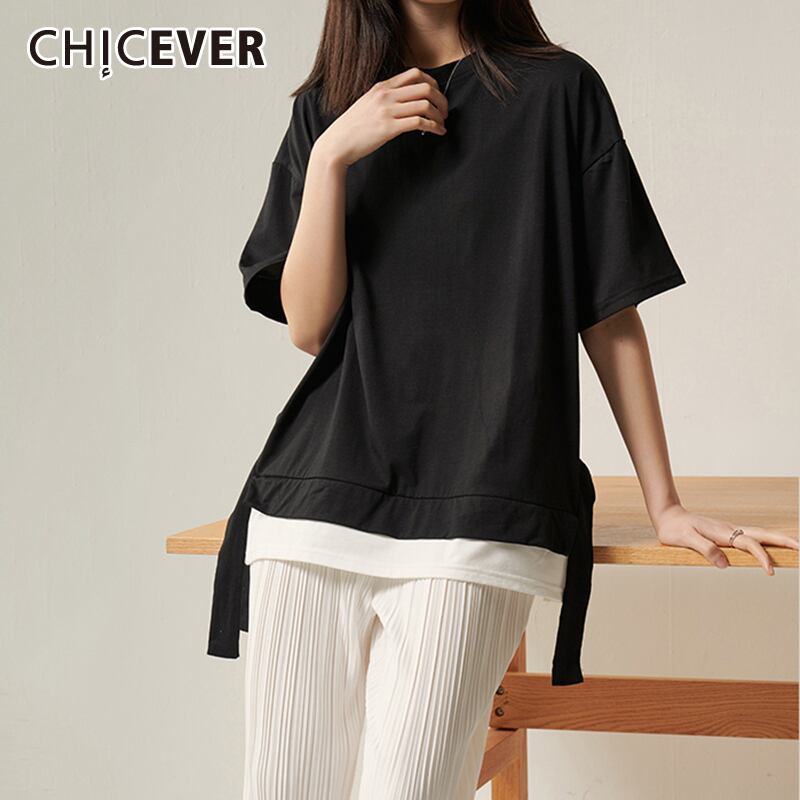 CHICEVERレディースブラックリボンベントスプリットジョイントビッグサイズTシャツラウンドネックハーフスリーブタイド2020年春夏 半袖 スプリング 春物 サマー 夏物 Oネック 6base535041343543