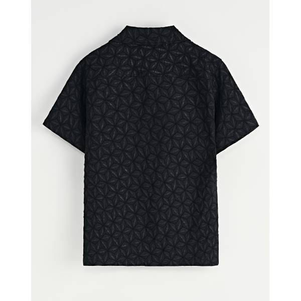 ブラック 立体フラワージャガード半袖シャツ 柄シャツ メンズシャツ