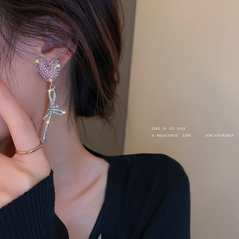 ✞ロリータJK制服 イヤリング シルバーラインストーンハート ピンク