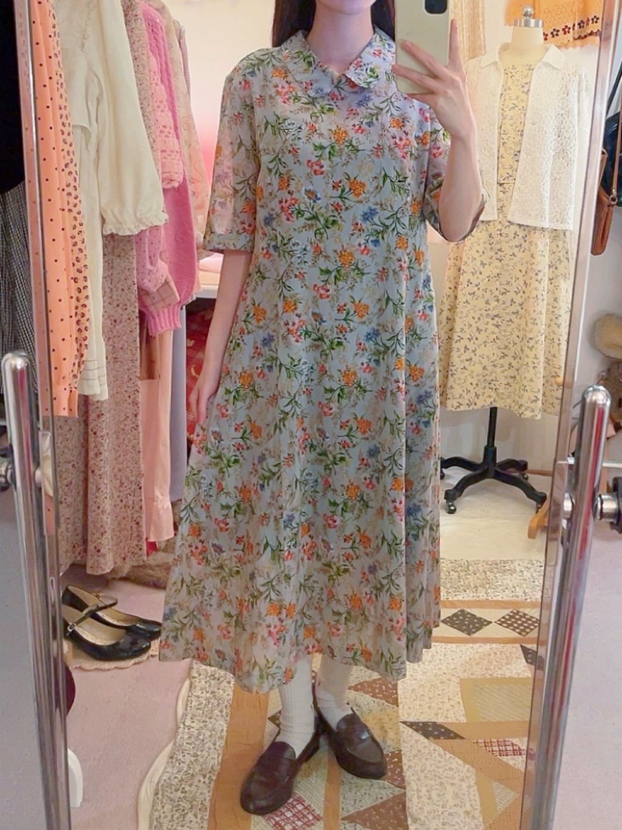 botanical flower light blue one-piece