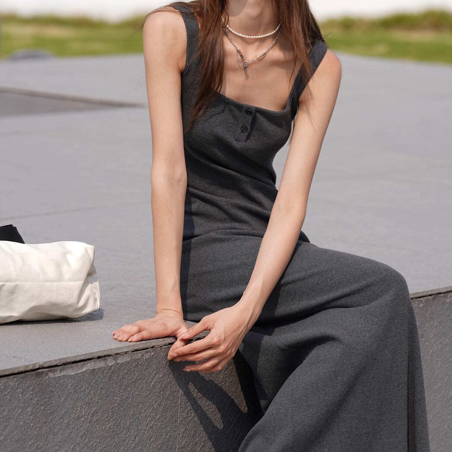 ワンピース レディース ノースリーブ ロングスカート リブ 無地 細見え