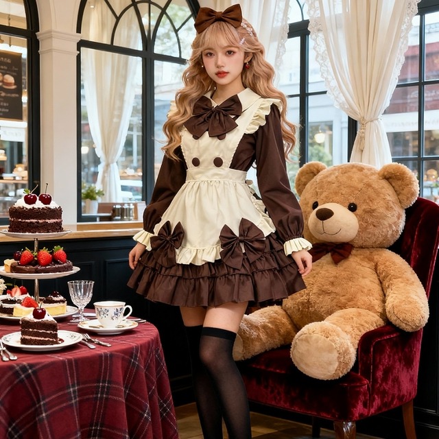 【ロリィタ】ダブルブレスト風 リボン フレンチメイド服 4点 セットアップ