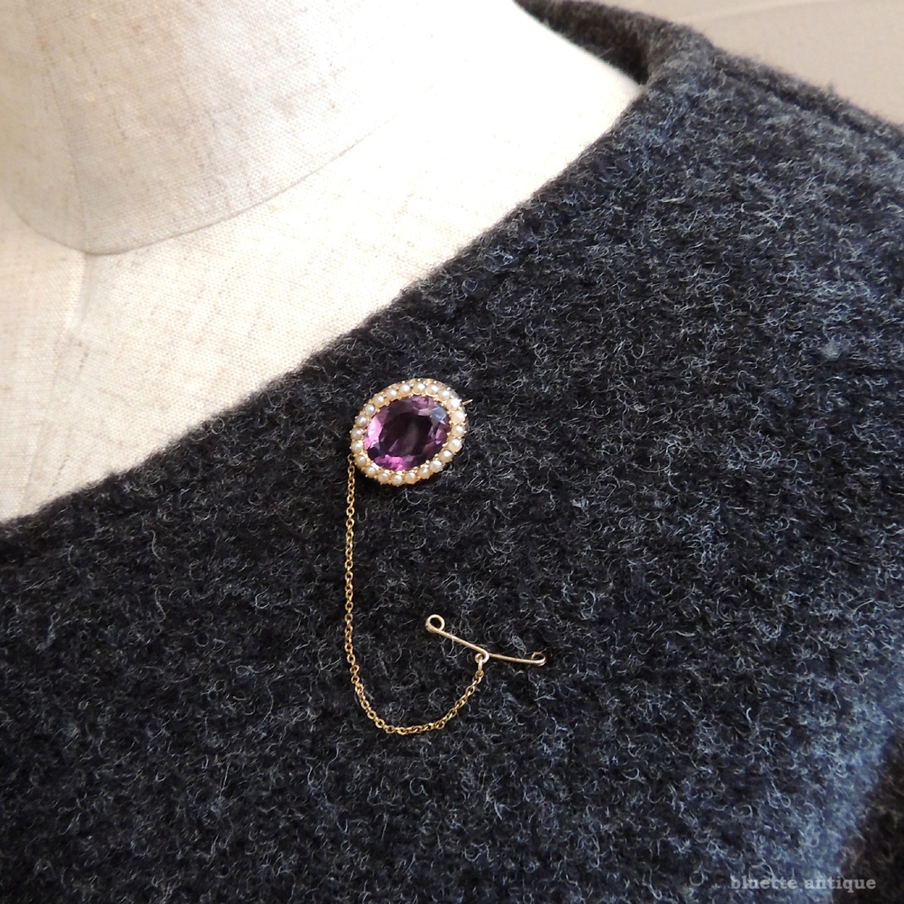 英国アンティークジュエリー 15ctゴールド 天然アメシスト 真珠 レースピン ブローチ（ソーティングメモ付）