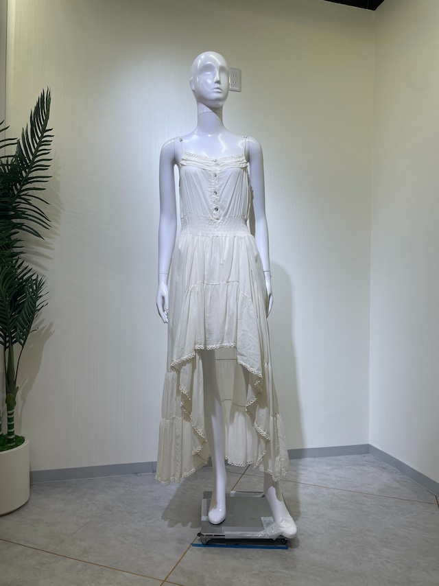 【新品DRESS】ワンカラー 前ミニ フェイクボタン アイボリー フレア ミモレ丈 ミディアムドレス ミディドレス ワンピース インポートドレス 海外ドレス【SUSY MIX】