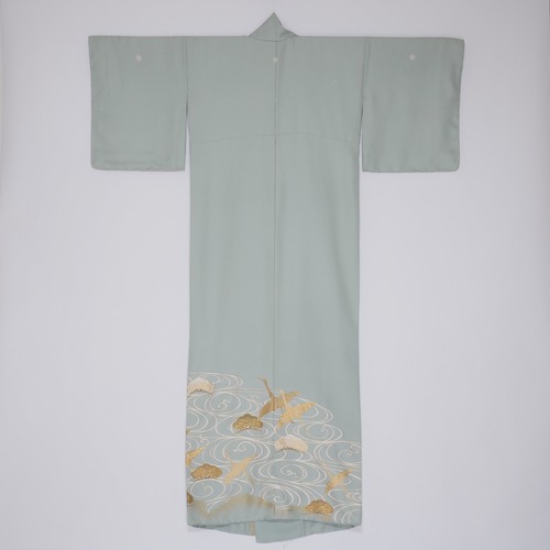 Vintage light green silk iro-tomesode kimono with a motif of cranes and pine (167.5 cm)