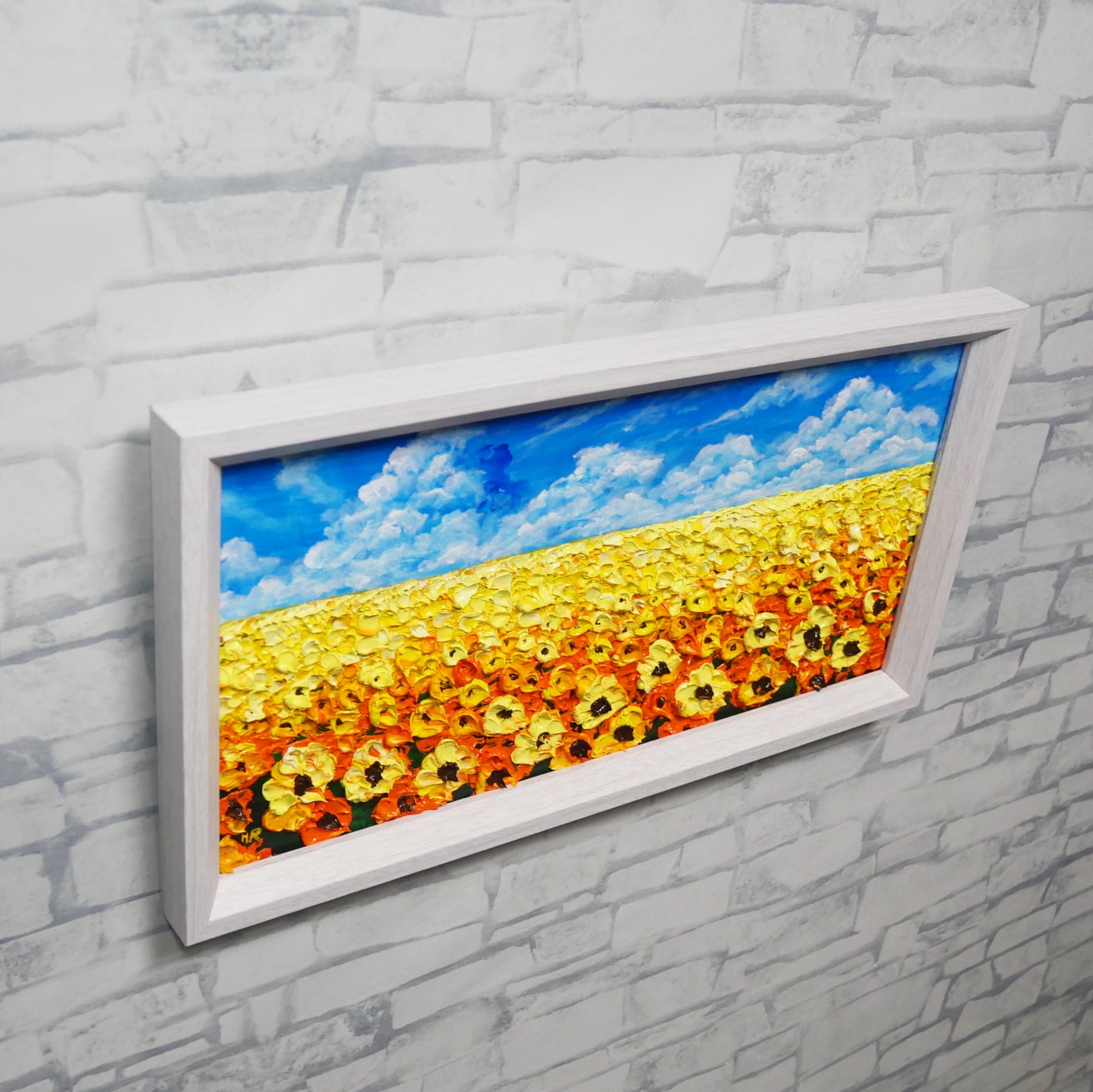 夏のインテリア】油絵原画「風がそよぐひまわり畑」ハンドメイドミニ