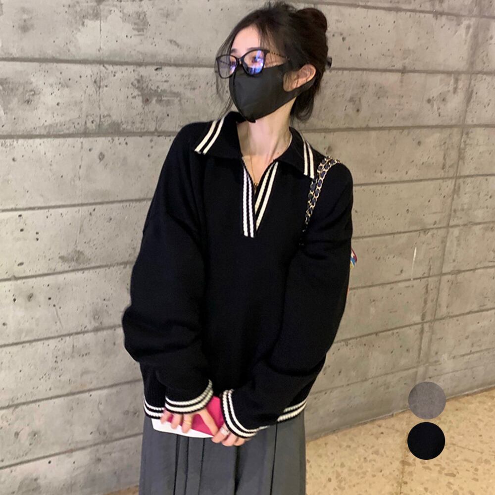 ポロカラーニットトップス レディース秋冬