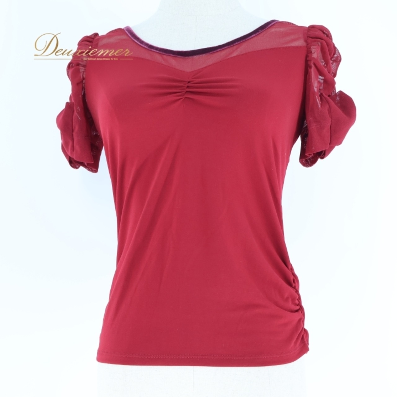 社交ダンス 衣装 チャコット Chacott トップス ブラウス 赤 ワインレッド 無地 伸縮 レース リボン 上品 可愛い ダンス パーティ 発表会 軽い 薄い レッド系 かわいいデザイン フェミニン おしゃれ フォーマル イベント用