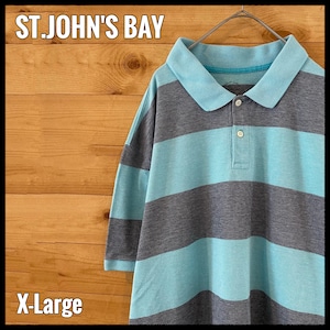 【ST.JOHN'S BAY】XL ビッグサイズ ポロシャツ ボーダー 爽やかスカイブルー US古着 アメリカ古着