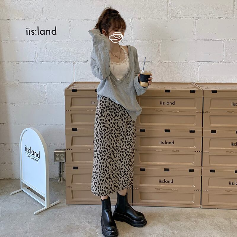 ヒョウ柄スカート女性の2020年秋スタイルウエストスリムスプリットミドル丈スカート+ルーズVネックグレーセーター クレセントシティ56261772437
