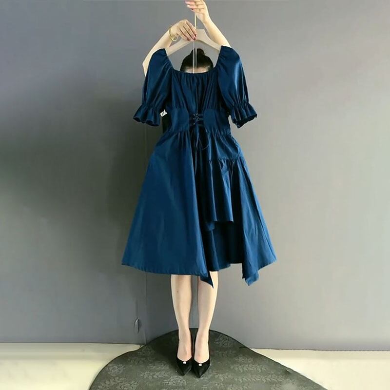 スタンダードカラー半袖スリーブクロスベルト ウェスト薄手ドレス ショート レトロ レース ハーフスリーブ 大きめサイズ ハーネス スクウェア ミックスインファッション25746720744