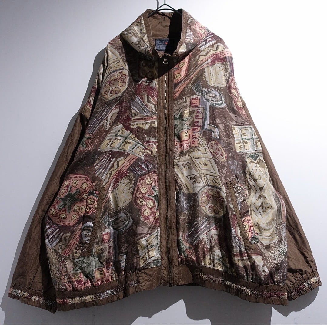 90s Brown Artistic Patterned Detachable Silk Blouson