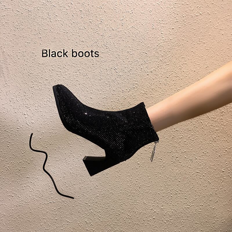 レッド薄手ブーツオータムウィンターバックジッパーラインストーンブラックショート 靴 シューズ 秋物 冬物 フェイクシューズ43370694861