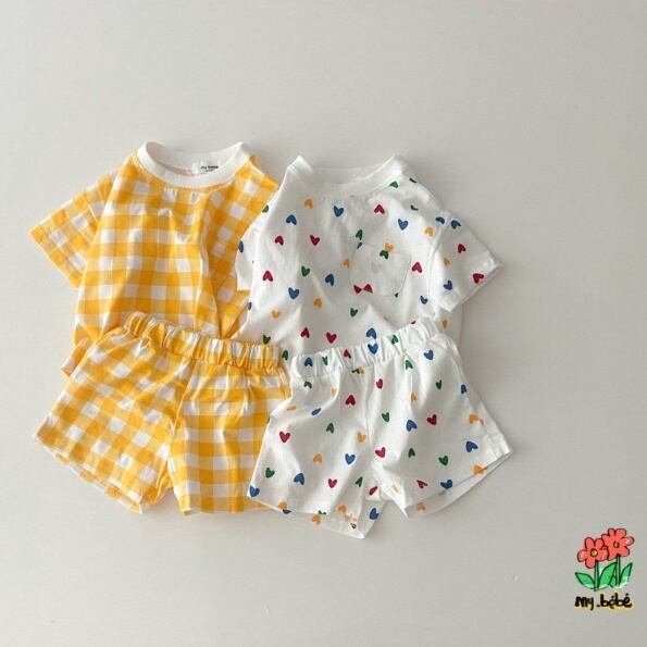 【BABY】夏新作 イエローチェック、ハートセットアップ
