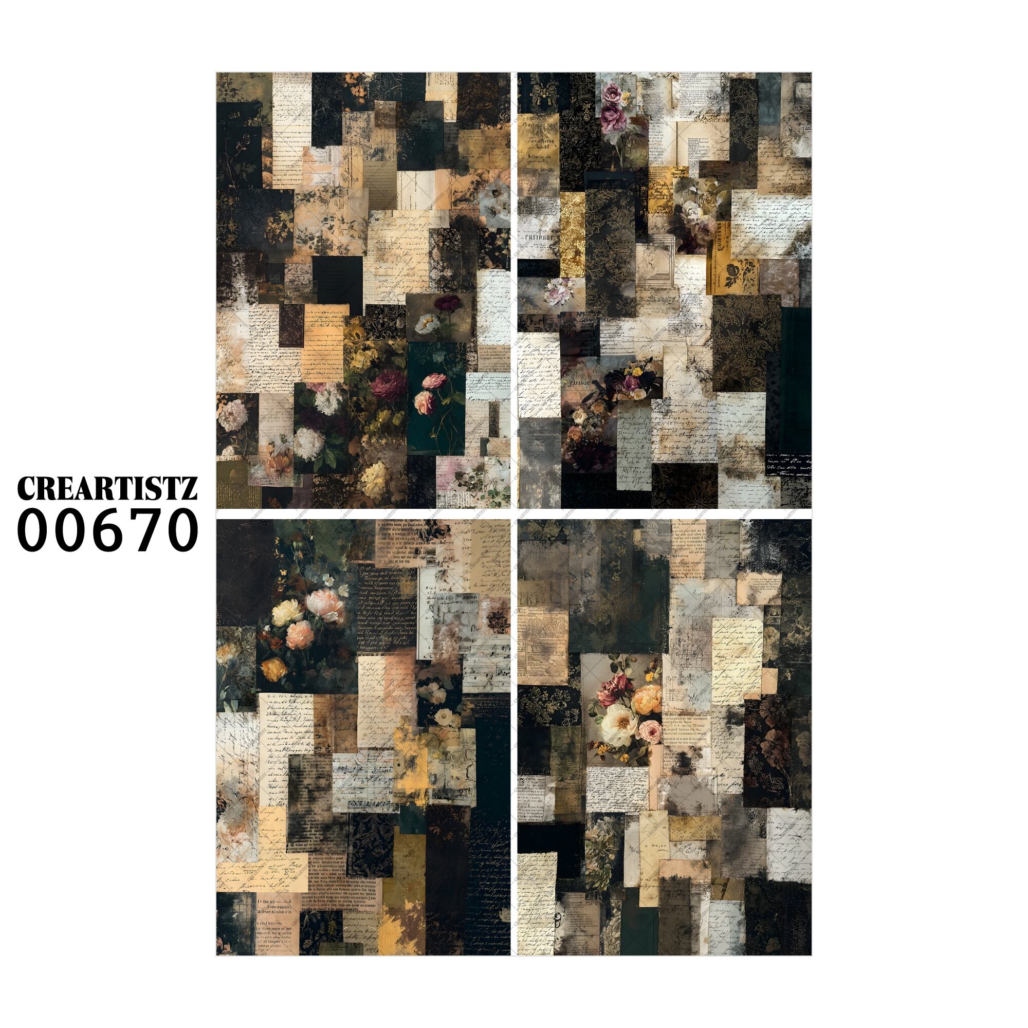 00670 背景 コラージュ素材 オリジナル 12枚セット (4種類×3枚) ペーパー/ステッカー CREARTISTZ