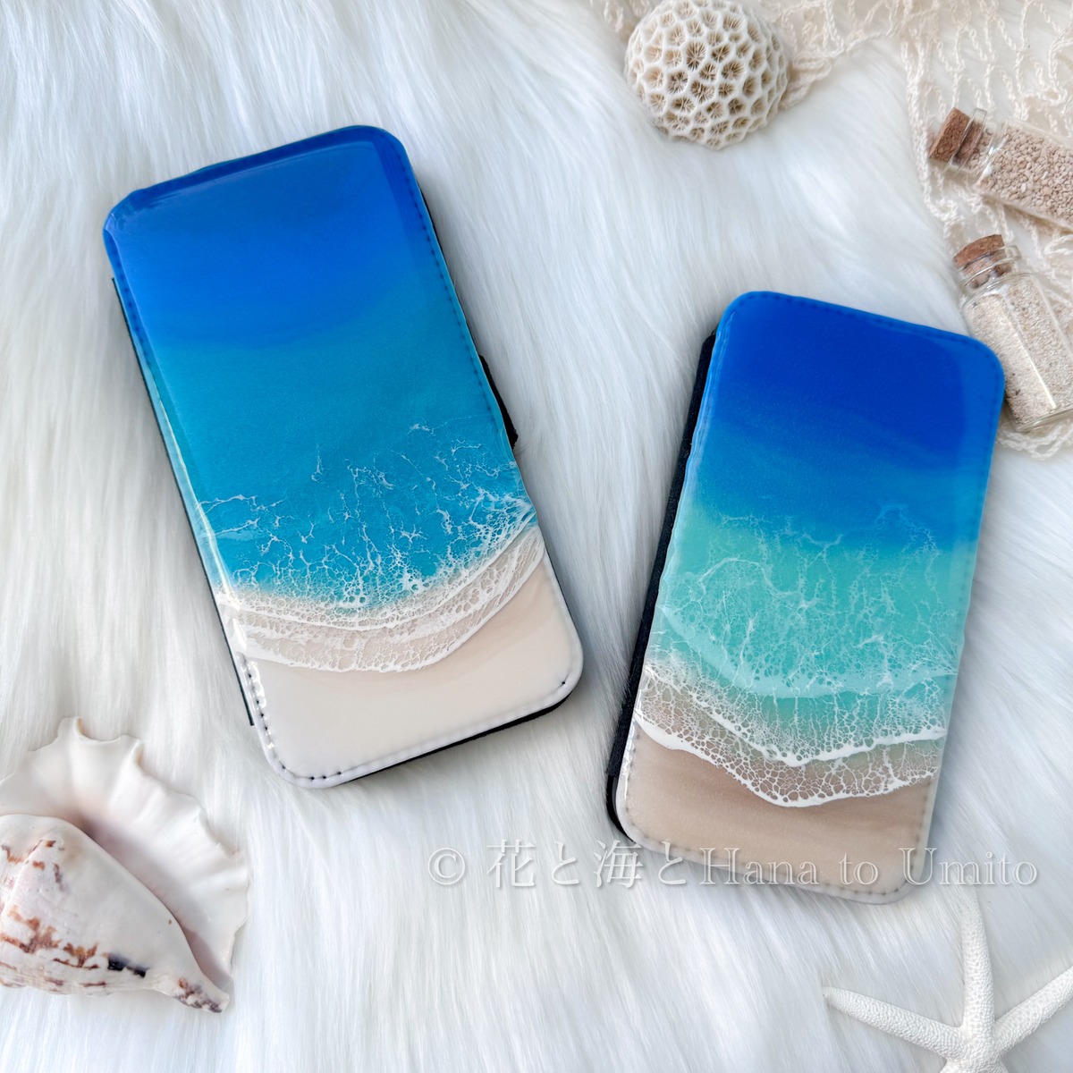 オーダ制作＊海と白波の手帳型スマホケース＊海レジンアート 