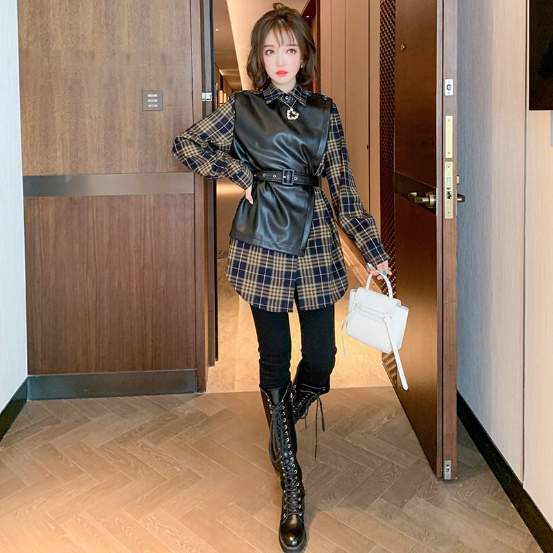 レザースタンダード格子柄スタイルシャツ レディースウィンター レトロ 冬物 ステッチ MIUCO18450783107
