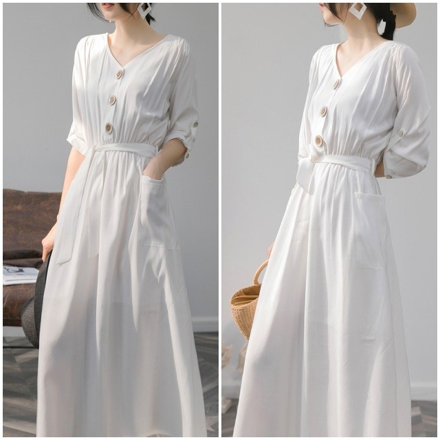 K フロントボタン ロングワンピース 2色 春 夏 新作 ワンピースドレス Vネック 前ボタン フレアワンピース ロング丈 ロングワンピ 七分袖 白ワンピース 黒ワンピース ホワイト ブラック リゾートドレス リゾートワンピ ゆったり 体型カバー 大人カジュアル きれいめ