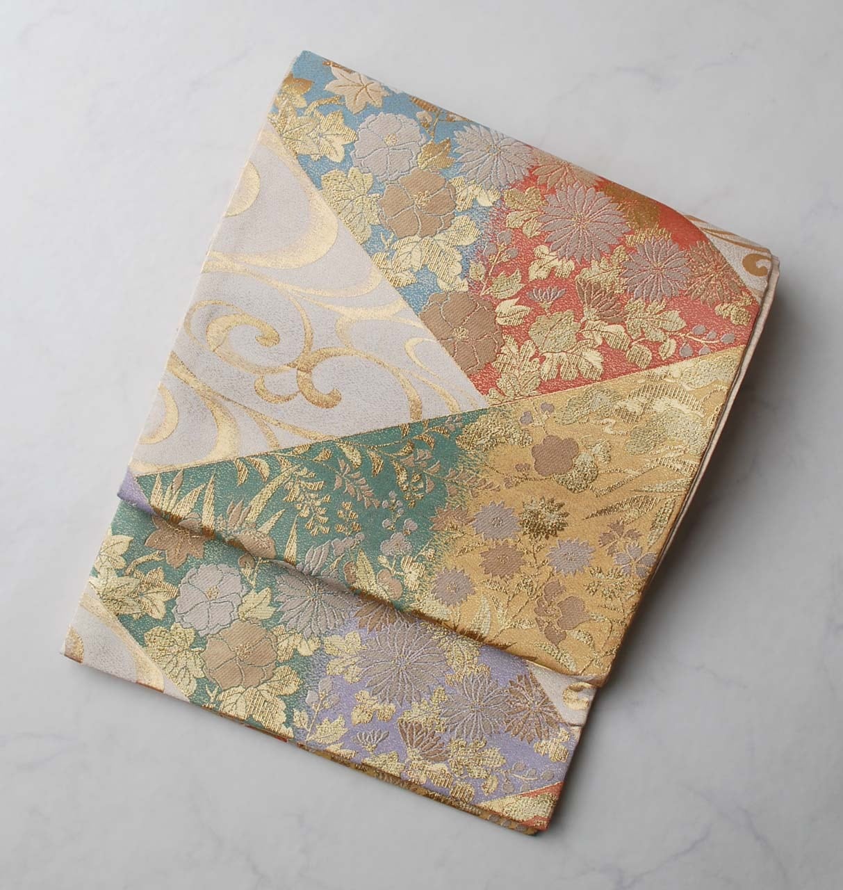 【ふくろ帯】切り嵌め風 四季花と唐草文 ふくろ帯