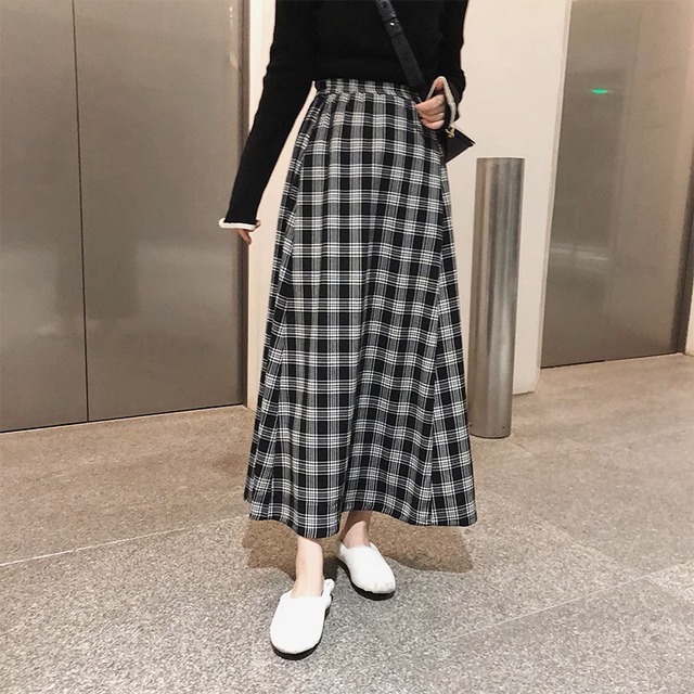 Check pattern high waist A-line long skirt A739