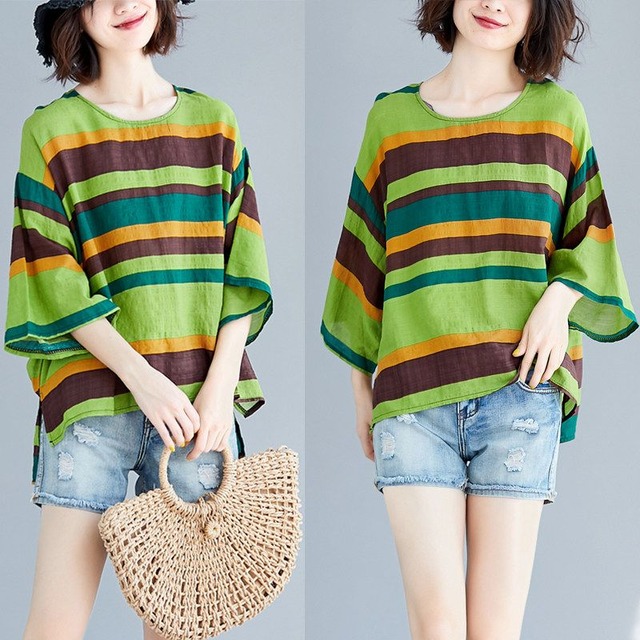 LOOSE OVERSIZED STRIPED PRINT HI-LOW T-SHIRT M-18078