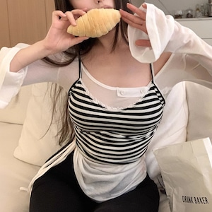 【2点セット】ボーダービスチェ+シアーアシメドロストトップス ・13311 【2点セット】ボーダービスチェ+シアーアシメドロストトップス ・13311