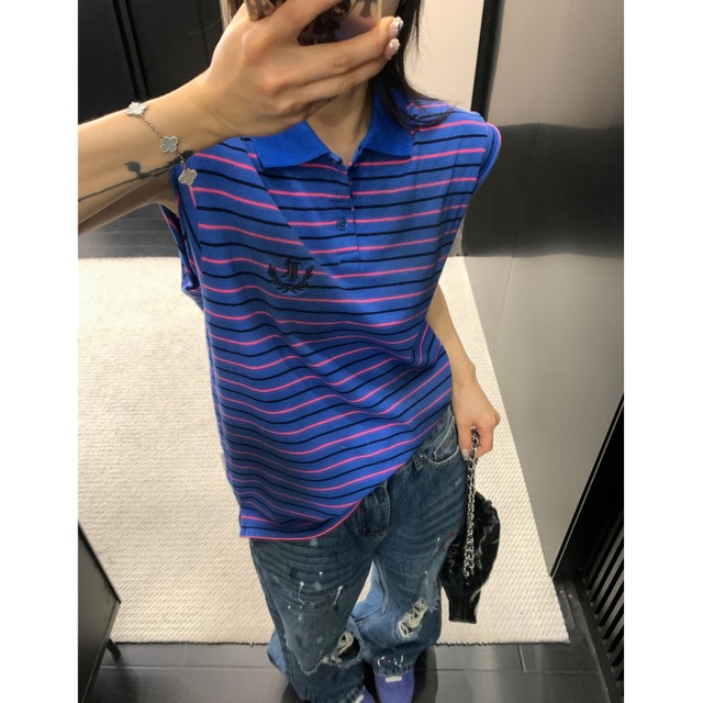 border sleeveless polo shirt　ボーダーノースリーブポロティー　J1886