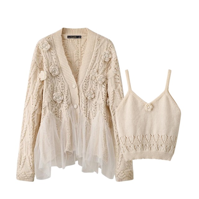 ローズチュールフリルカーディガン＆キャミソールセットアップ　3060