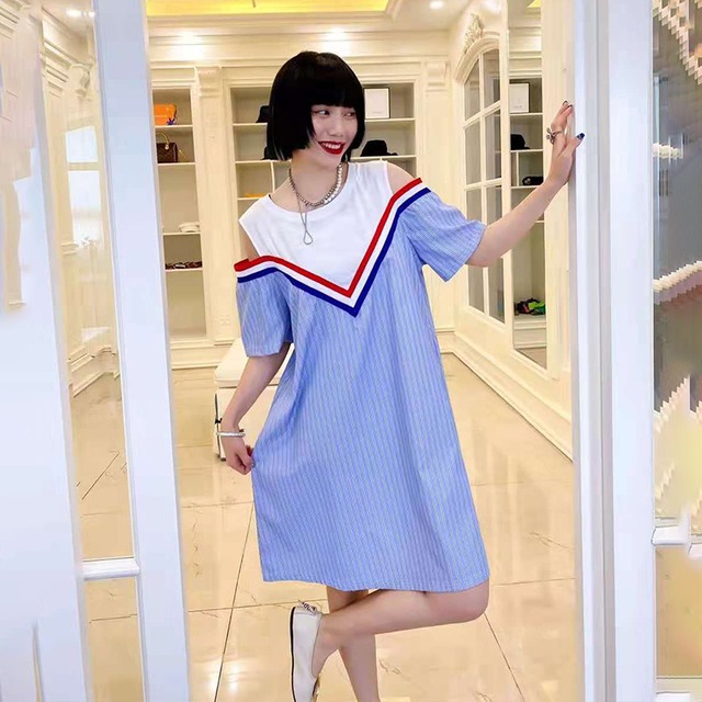 サマーストラップレスウェストラウンドネックストライプドレス 大きめサイズ 夏物 Oネック ミックスインファッション11706474995