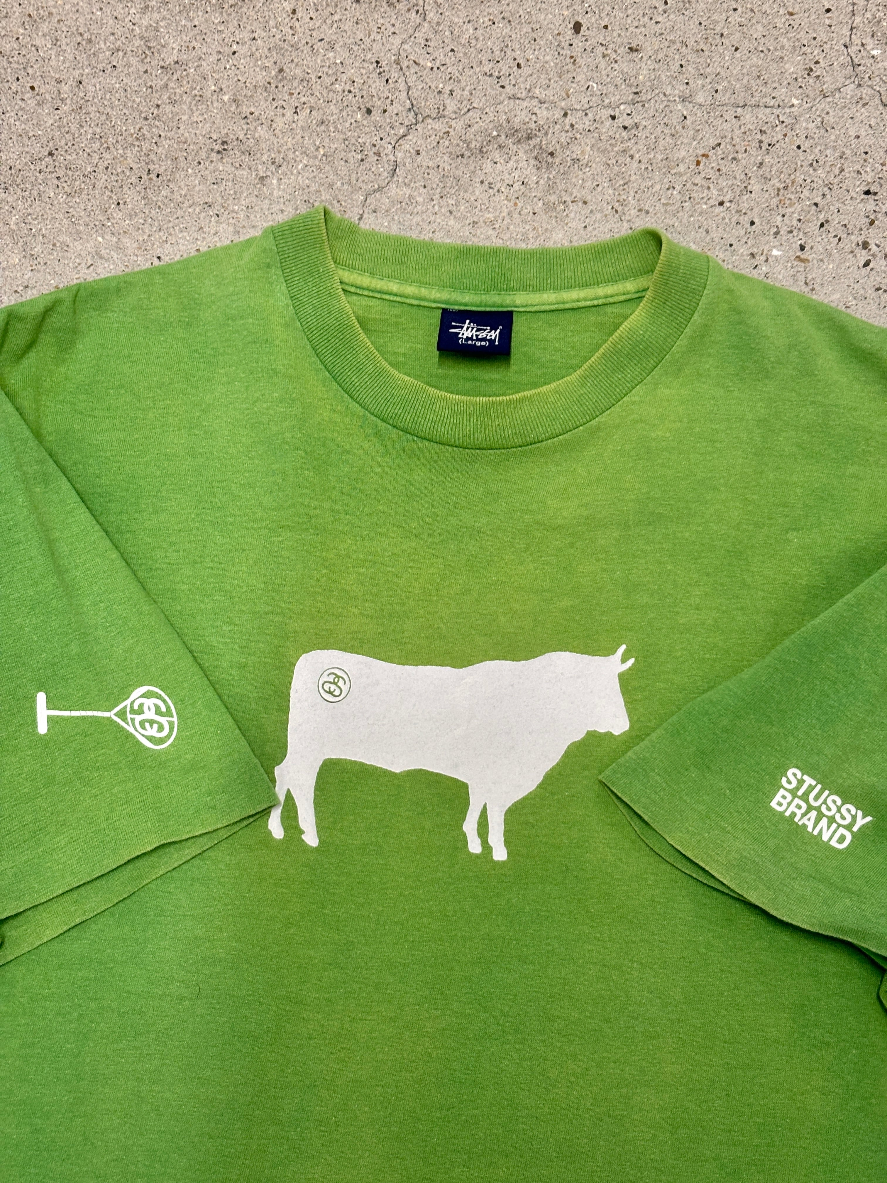 00s OLD STUSSY/Cow print Tee/L/牛プリントTシャツ/グリ－ン/ロゴ
