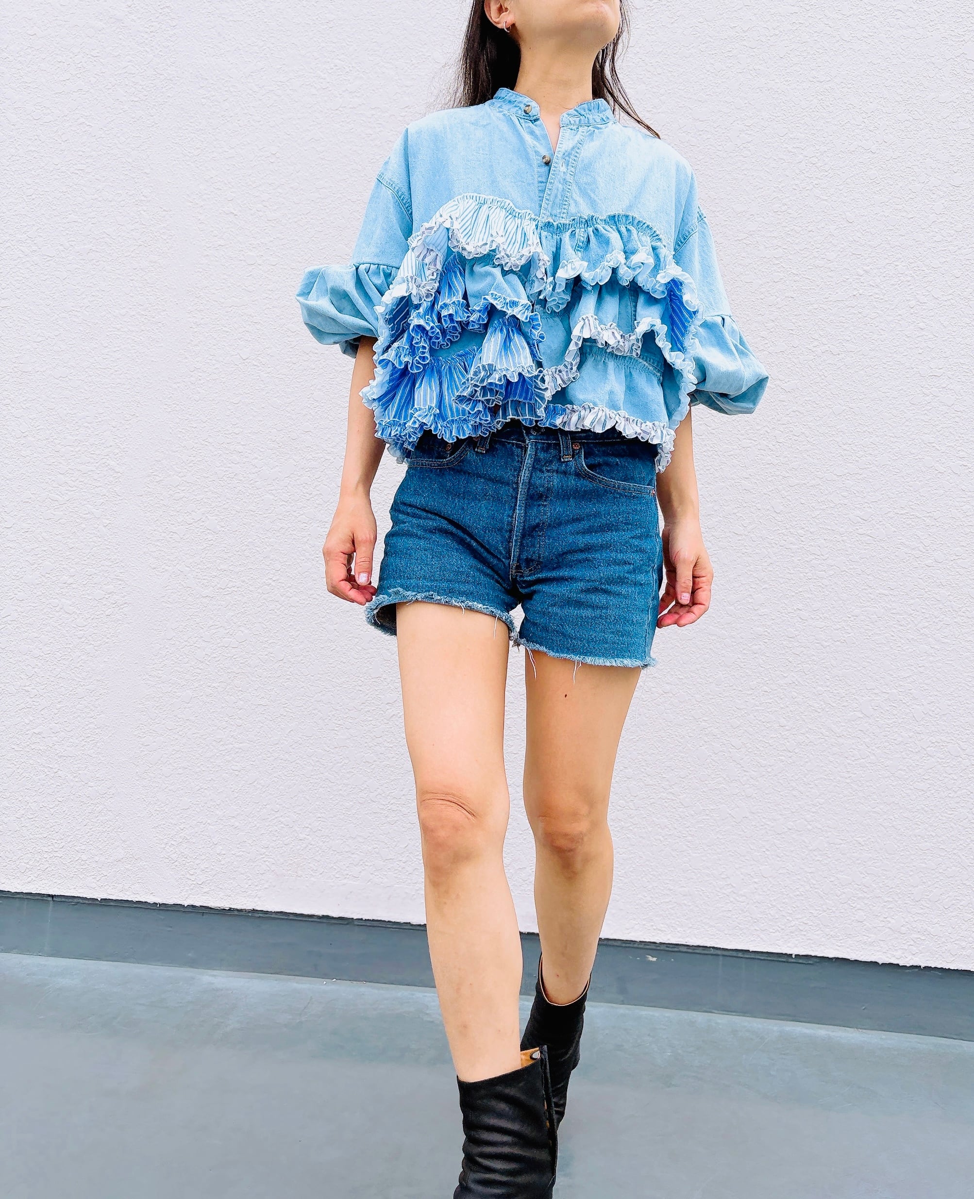 再販!Remade denim frill blouse