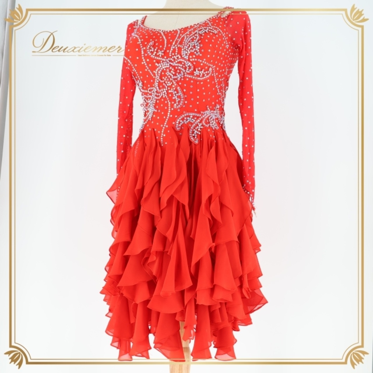 社交ダンス 衣装 ラテン ドレス ワンピース レース デモ 競技 ダンス パーティ 発表会 ストレッチ 赤 ビジュー レッド系 華やか フリル おしゃれ パーティードレス 発表会ドレス 女子ダンス フォーマル衣装 競技用ドレス ステージ衣装 豪華デザイン エレガント ドレスアップ ダンスパフォーマンス