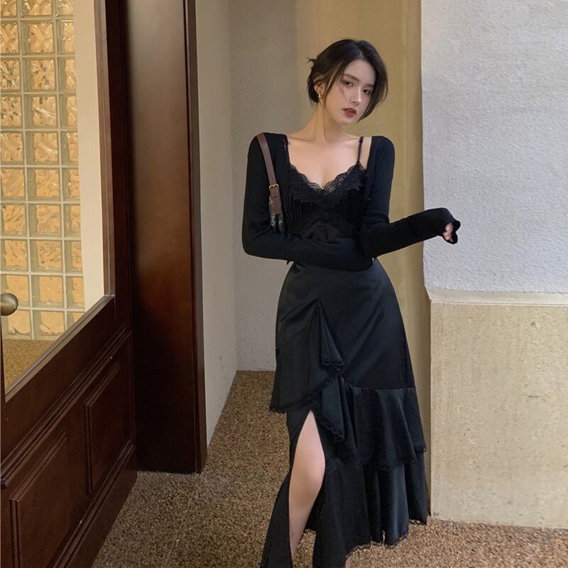 スカート オータムウィンタースタイルブラックハイウェスト薄手 秋物 冬物 ブラックストロベリース68124742278