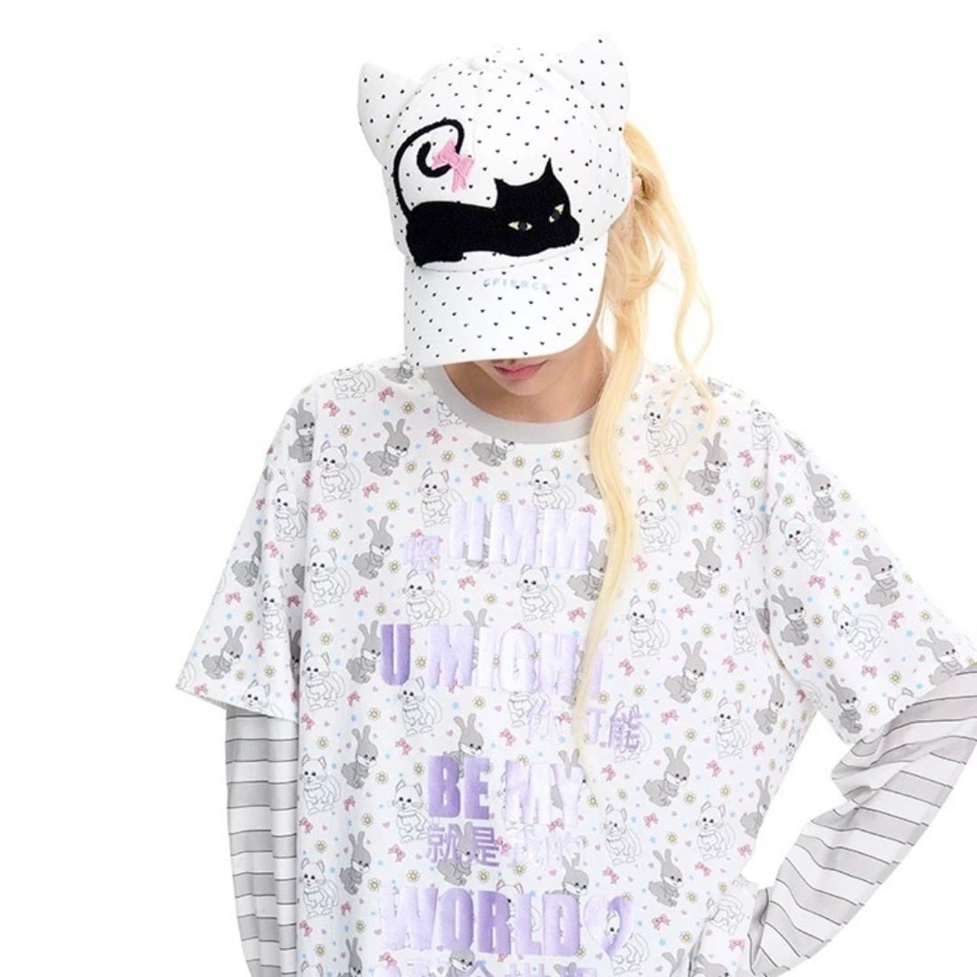 CFIERCE ユニセックス 猫耳×ドット キャップ Y2K 猫柄 ホワイト
