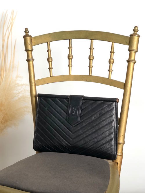 Yves Saint Laurent イヴ・サンローラン クラッチバッグ ブラック YSLロゴ バイアステッチ レザー vintage ヴィンテージ オールド hiam4r