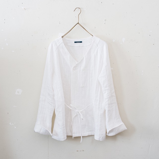 double-breasted blouse／herringbone linen 〈white×ivory〉