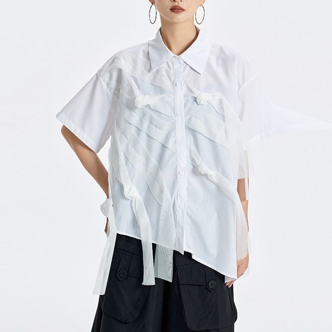 ASYMMETRIC BOW TIE MESH PANEL SLEEVE SHIRT M-17935