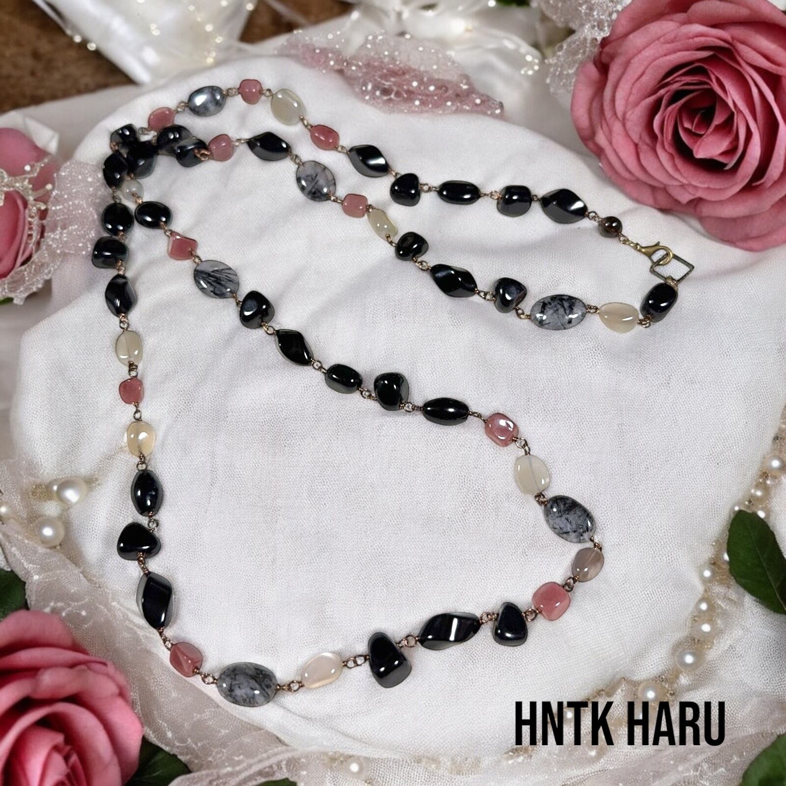 HNTK ブラックルチルクォーツ＆オニキス ロングネックレス N0712